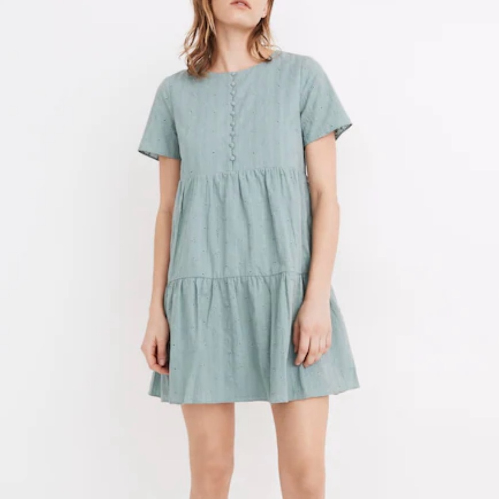 Madewell Eyelet Button Front Tiered Mini Dress Summer Breeze Green Blue SP